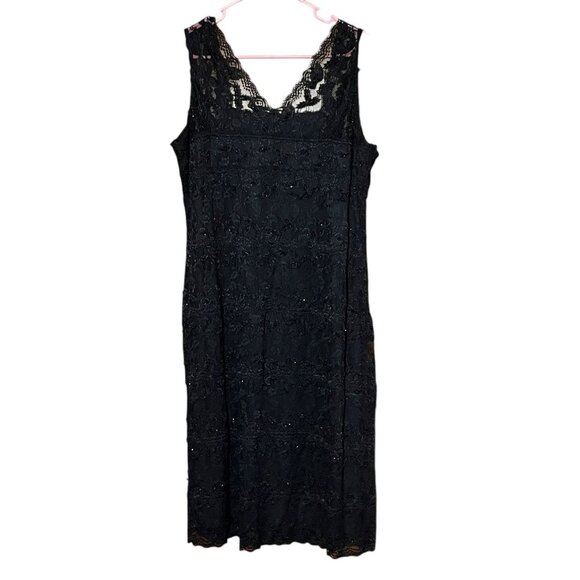 Onyx Nite VTG Y2K Black Sleeveless Midi Lace Lined Beaded Empire Waist Dress 14W - Picture 3 of 5